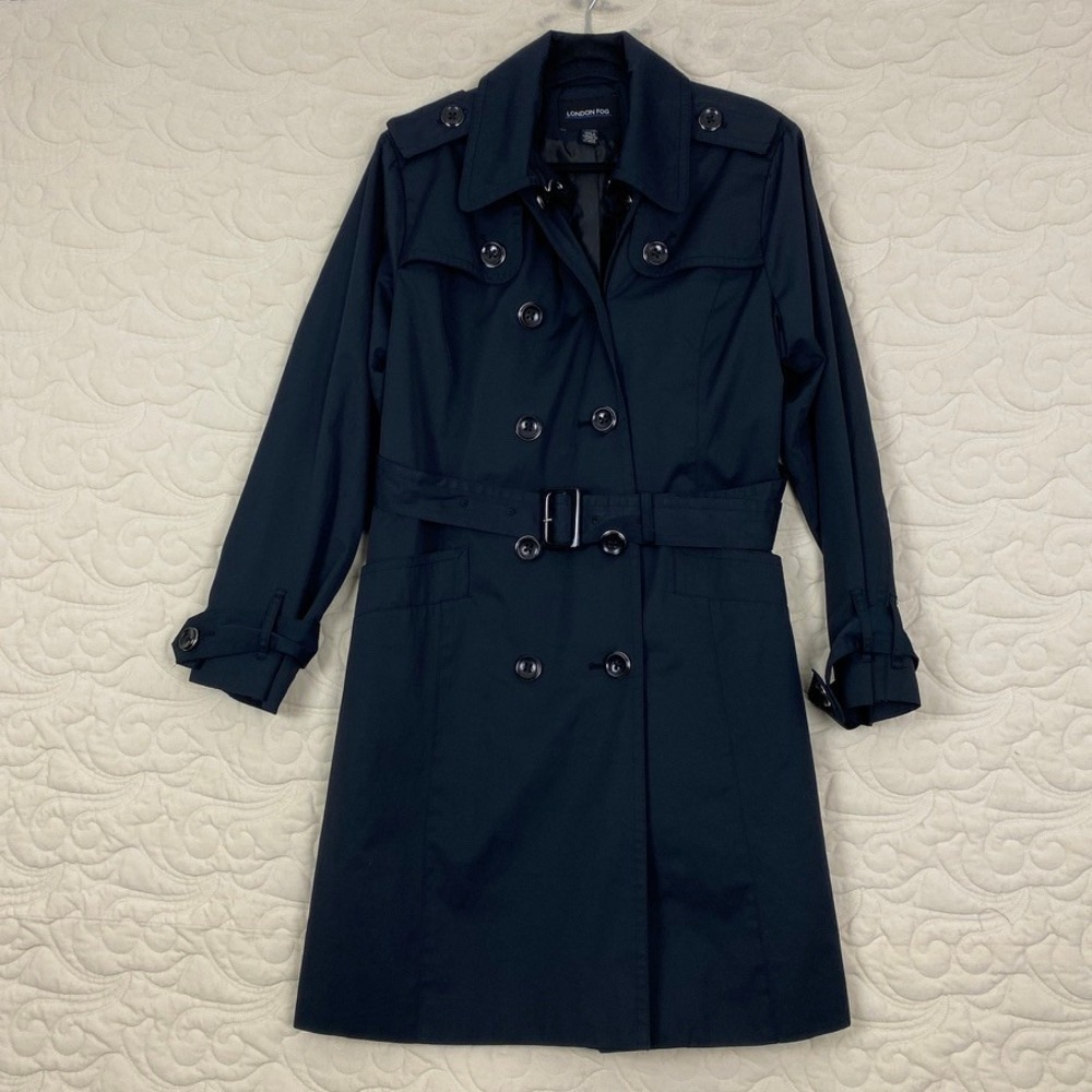 London Fog Double Breasted Trench Coat Navy Blue Women XL Belted Rain Jacket